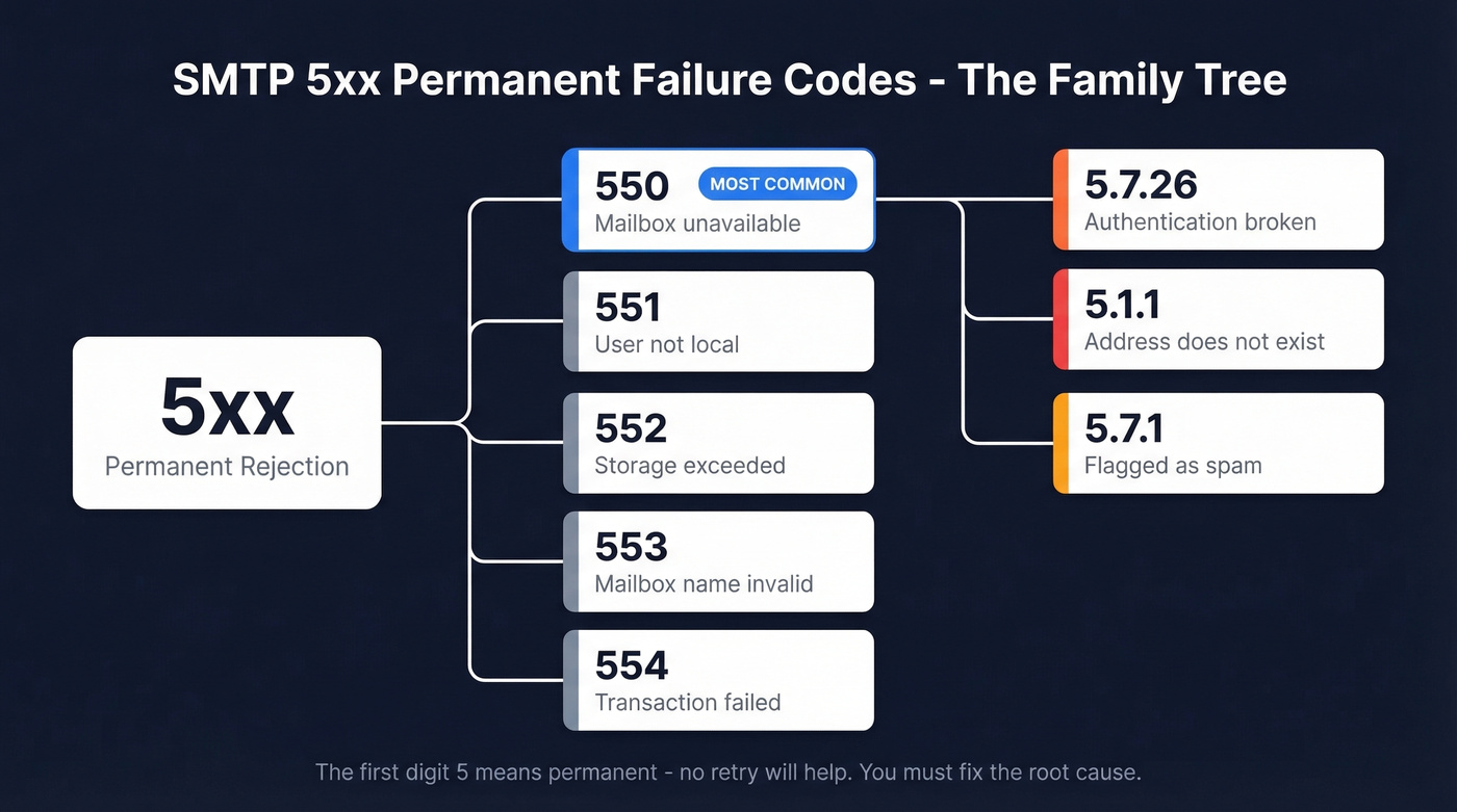 SMTP 5xx permanent failure codes family tree diagram