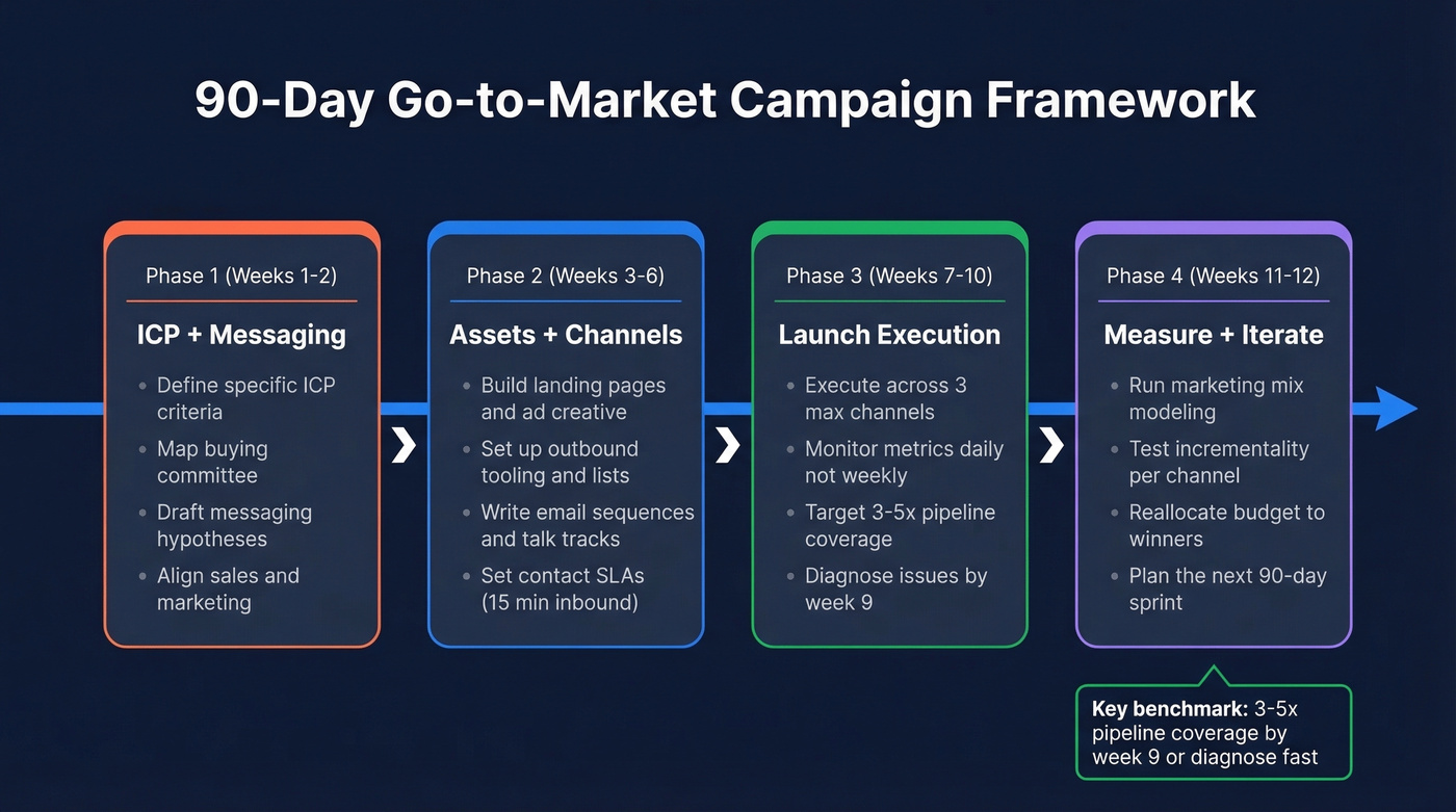 90-day GTM campaign timeline with four phased sprints