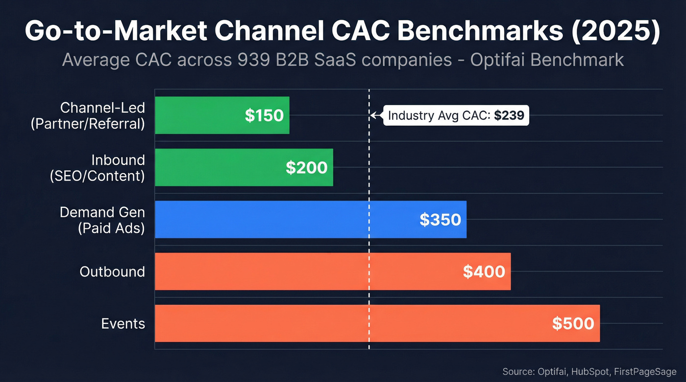 Bar chart of GTM channel CAC benchmarks from 939 companies