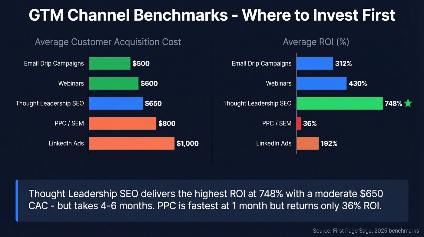 Channel benchmarks comparing CAC and ROI for GTM channels