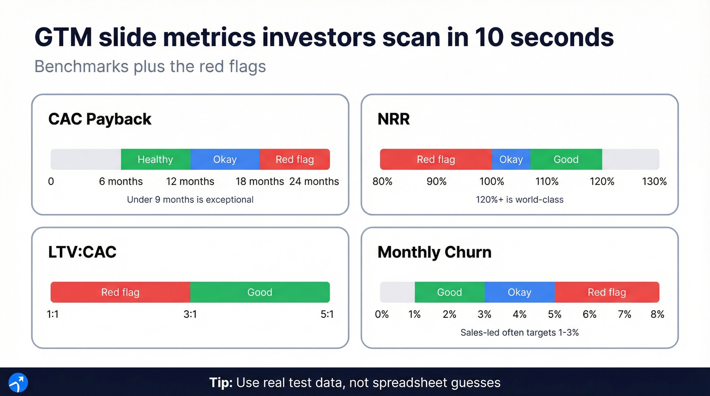 Benchmark dashboard for CAC payback, NRR, LTV:CAC, churn