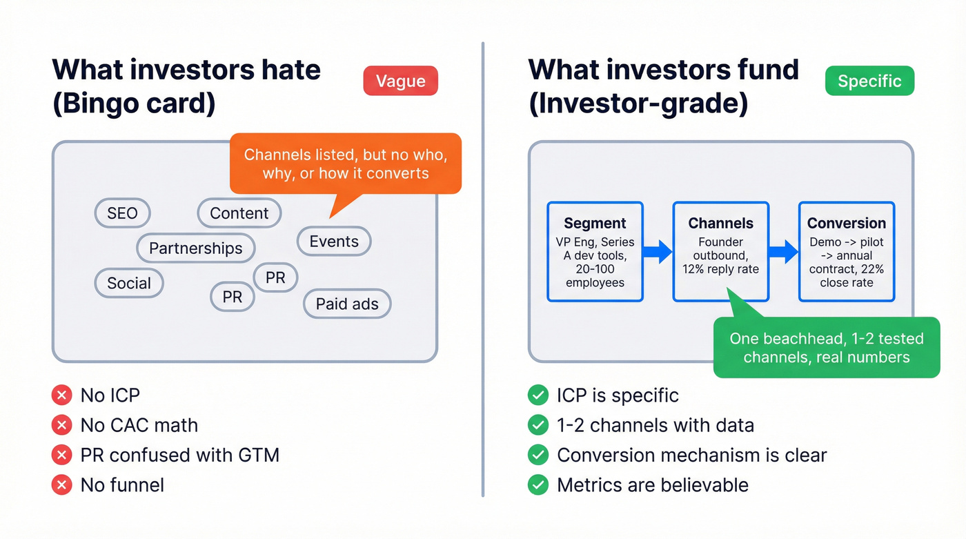 Bad GTM slide vs investor-grade GTM slide comparison
