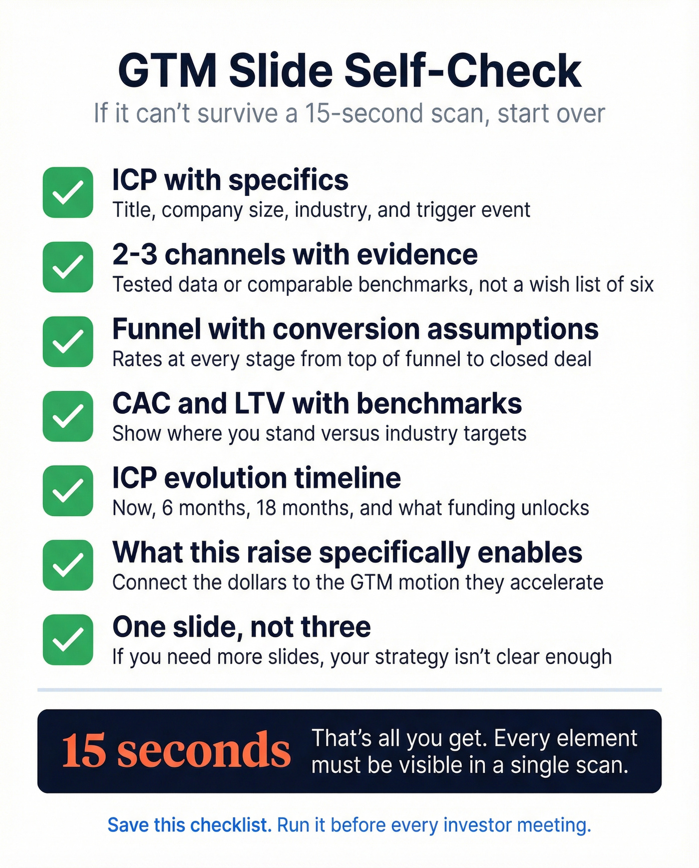 Seven point GTM slide self-check checklist for founders