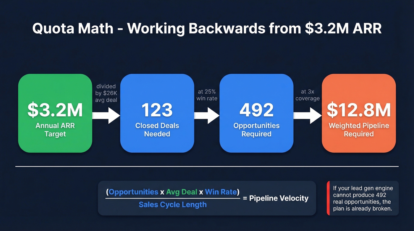 Pipeline quota math waterfall from ARR to required pipeline