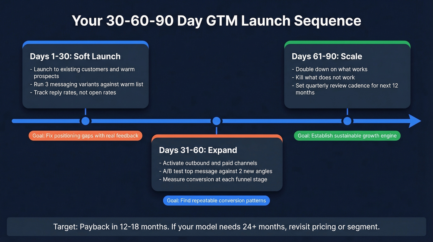 30-60-90 day GTM launch sequence timeline