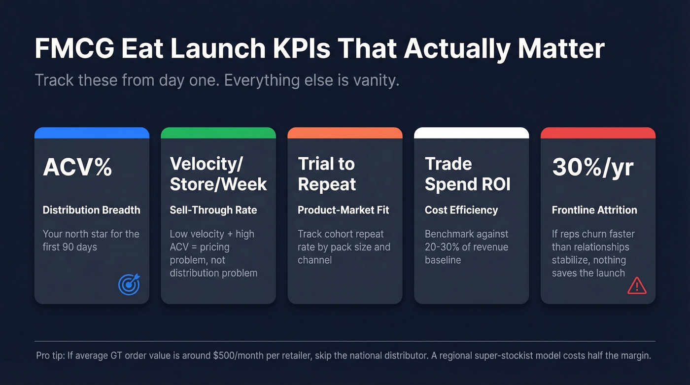 FMCG launch KPI dashboard with benchmarks
