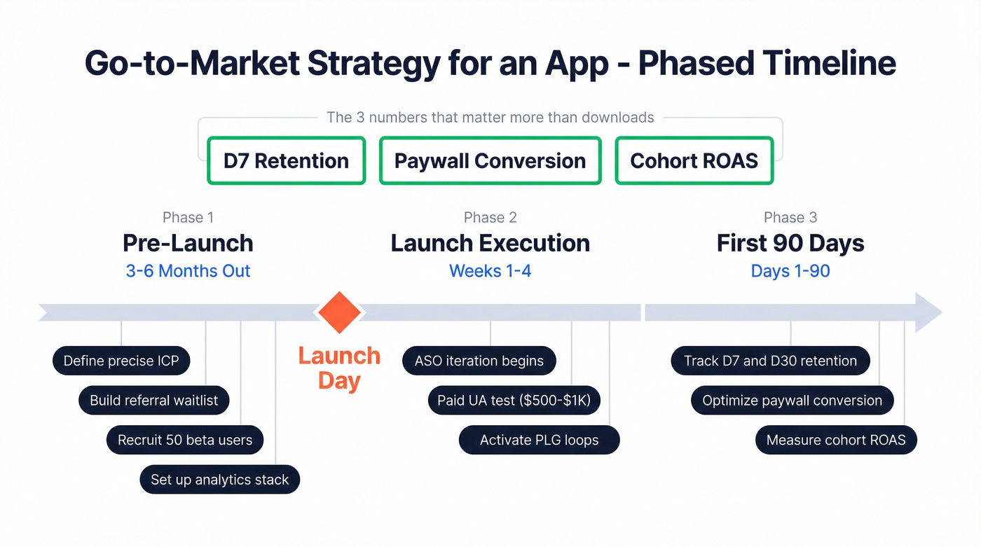 Three-phase app GTM timeline with key milestones