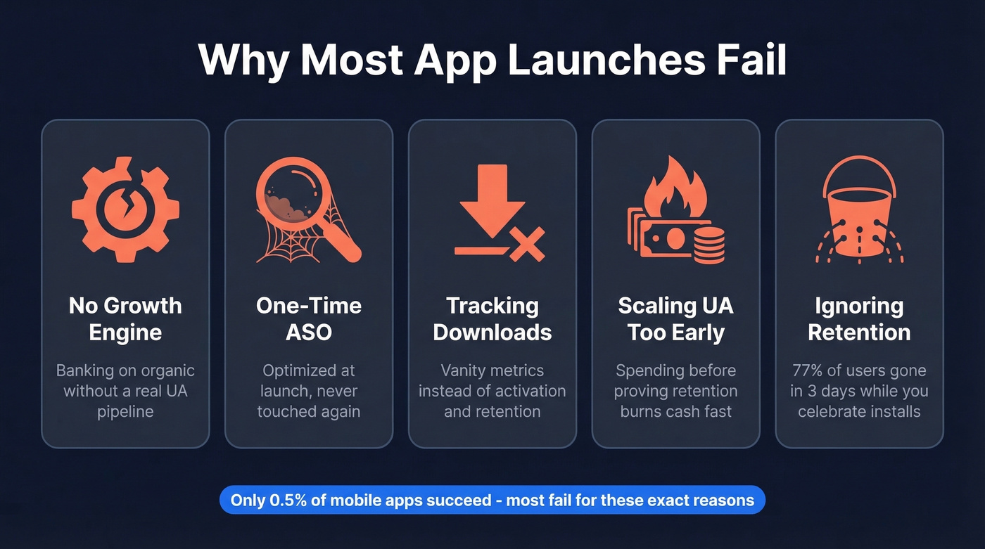 Five common app launch failure modes diagram