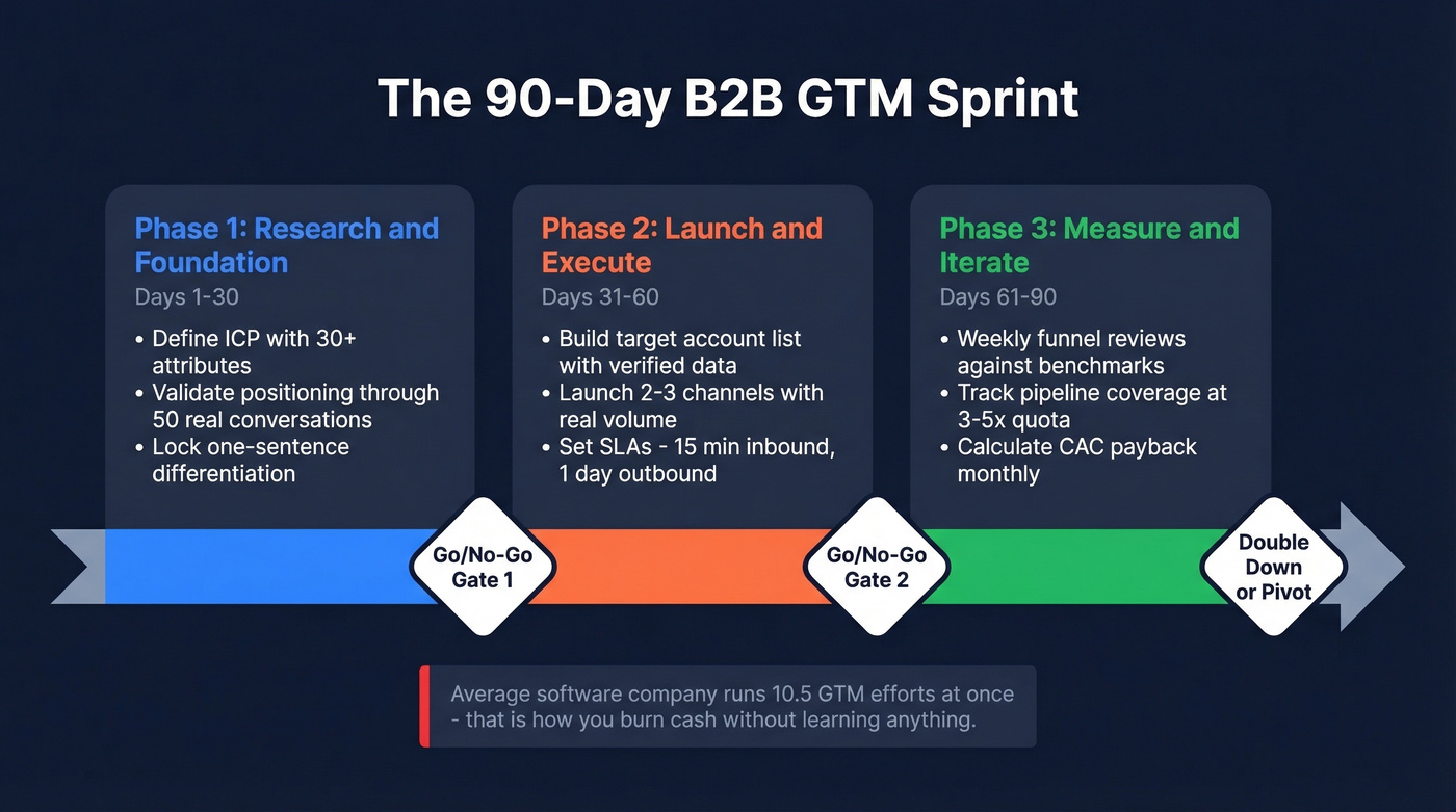 90-day GTM sprint timeline with three phases and gates