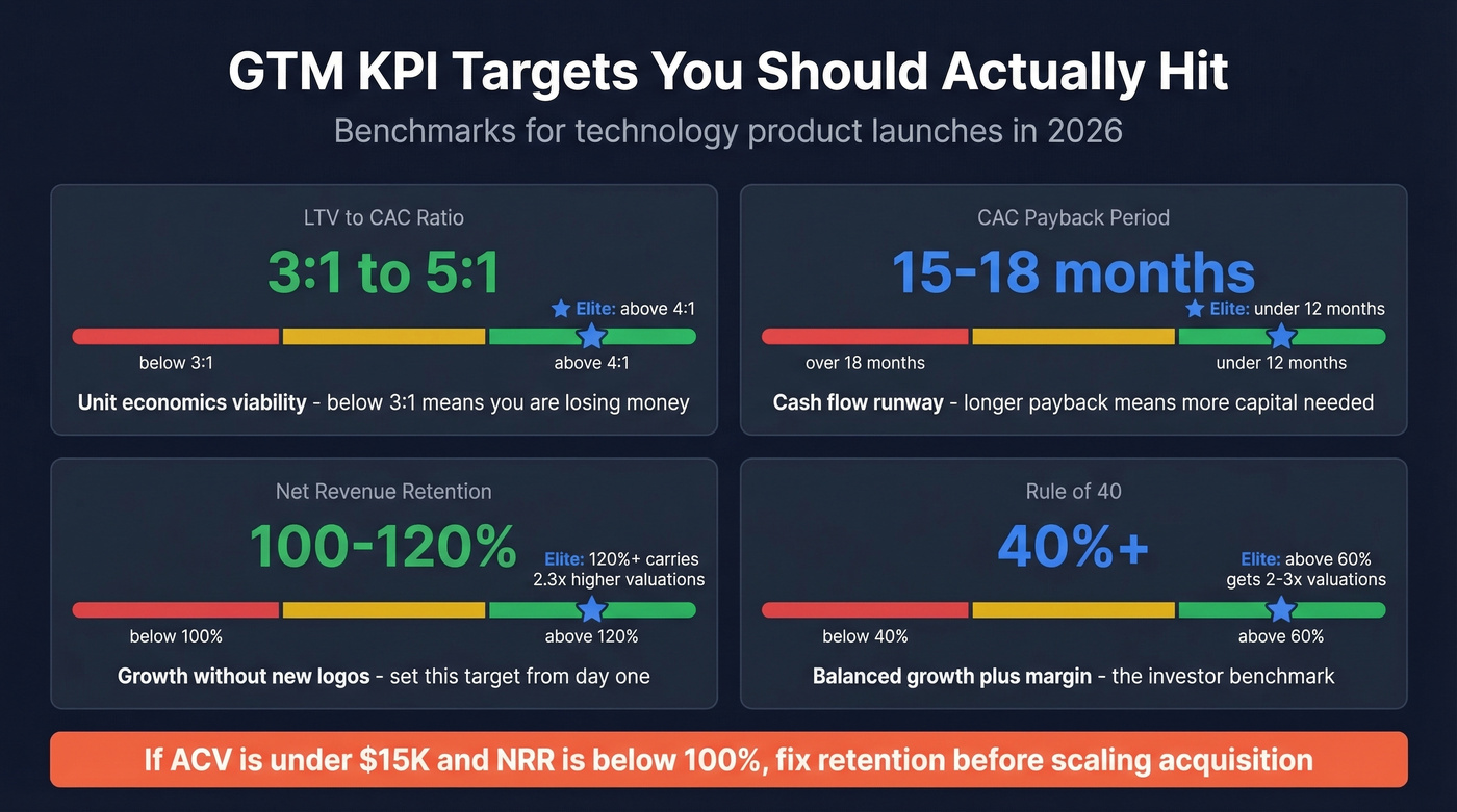 GTM KPI benchmark targets dashboard with ranges