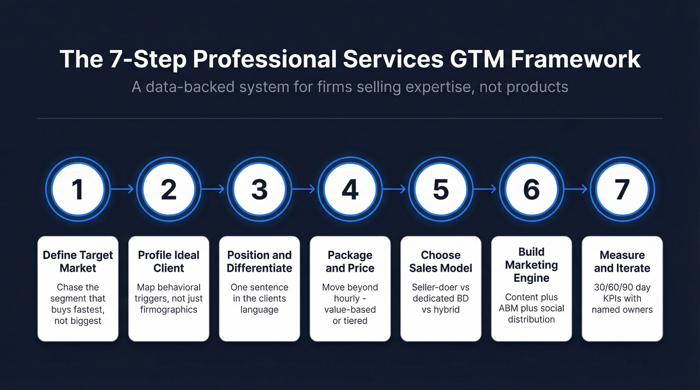 7-step GTM framework flow chart for professional services