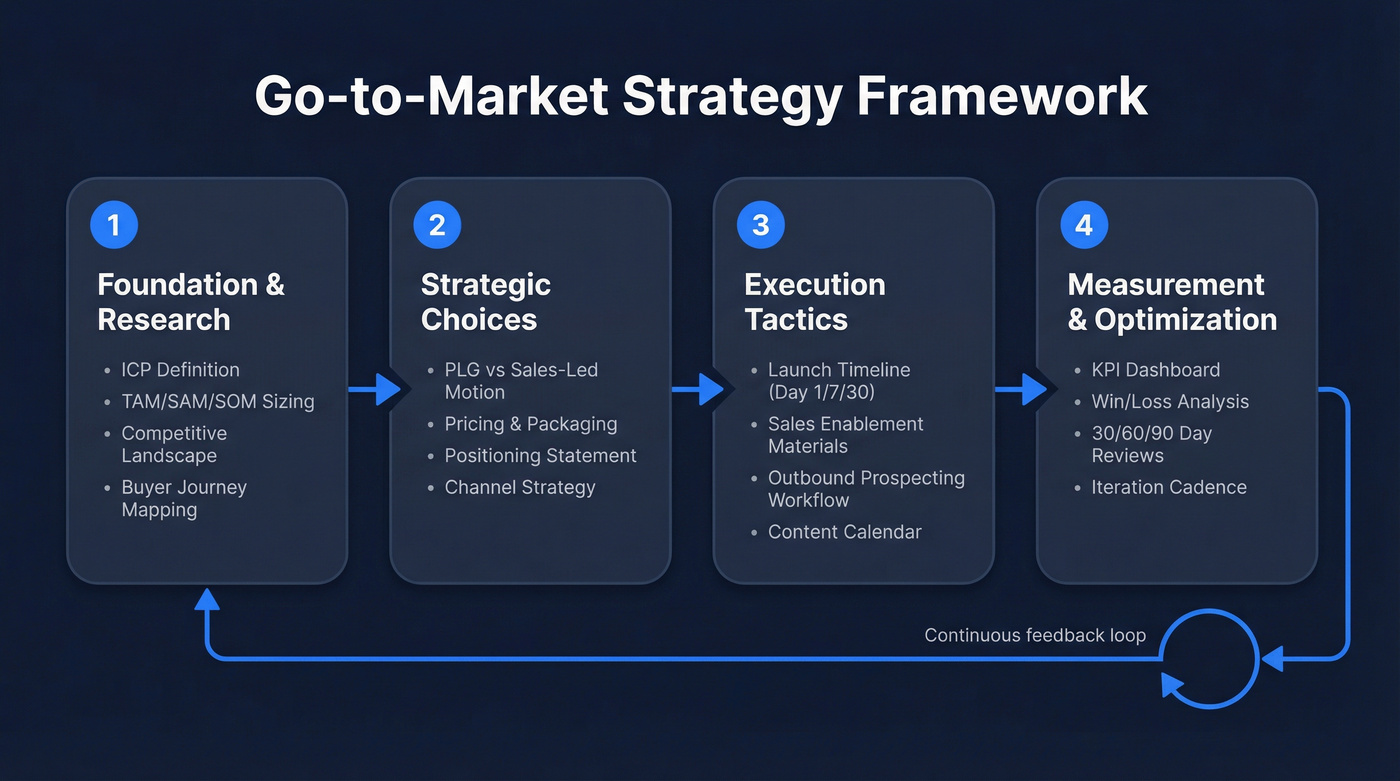Four-phase GTM strategy framework with key deliverables