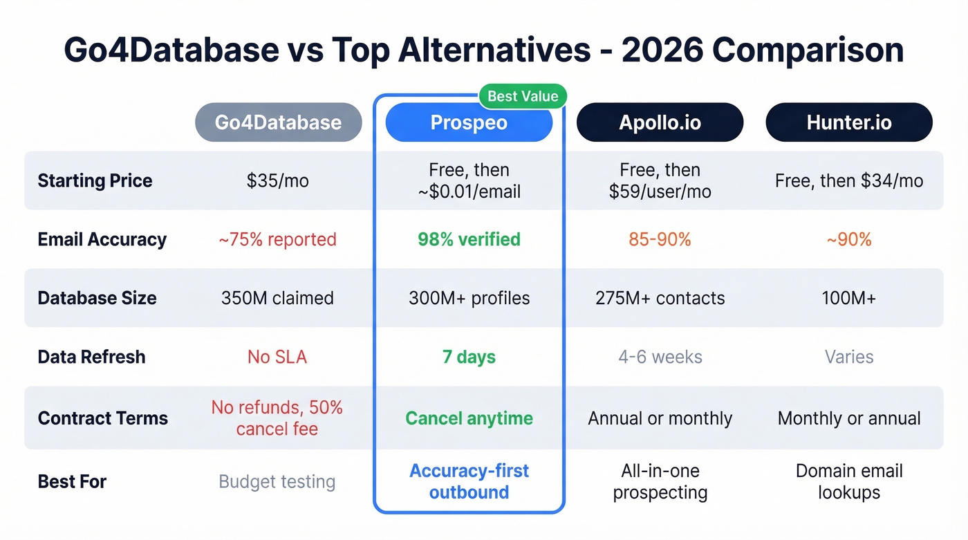 Go4Database vs Prospeo vs Apollo vs Hunter comparison