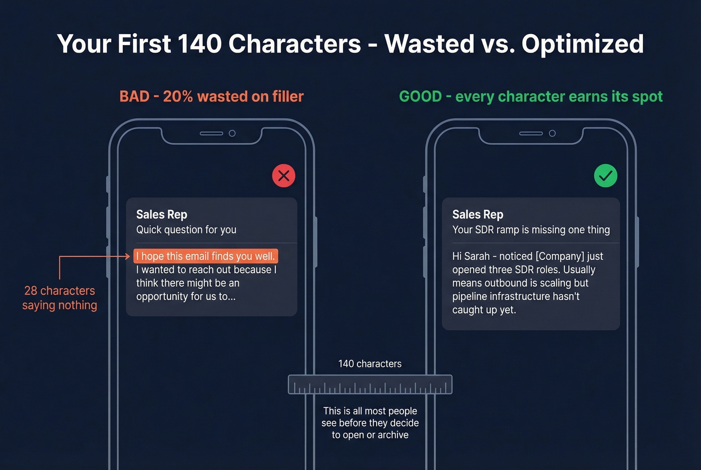 Mobile preview showing wasted vs optimized first 140 characters