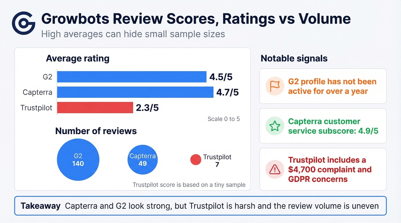 Ratings and review volume across G2, Capterra, Trustpilot