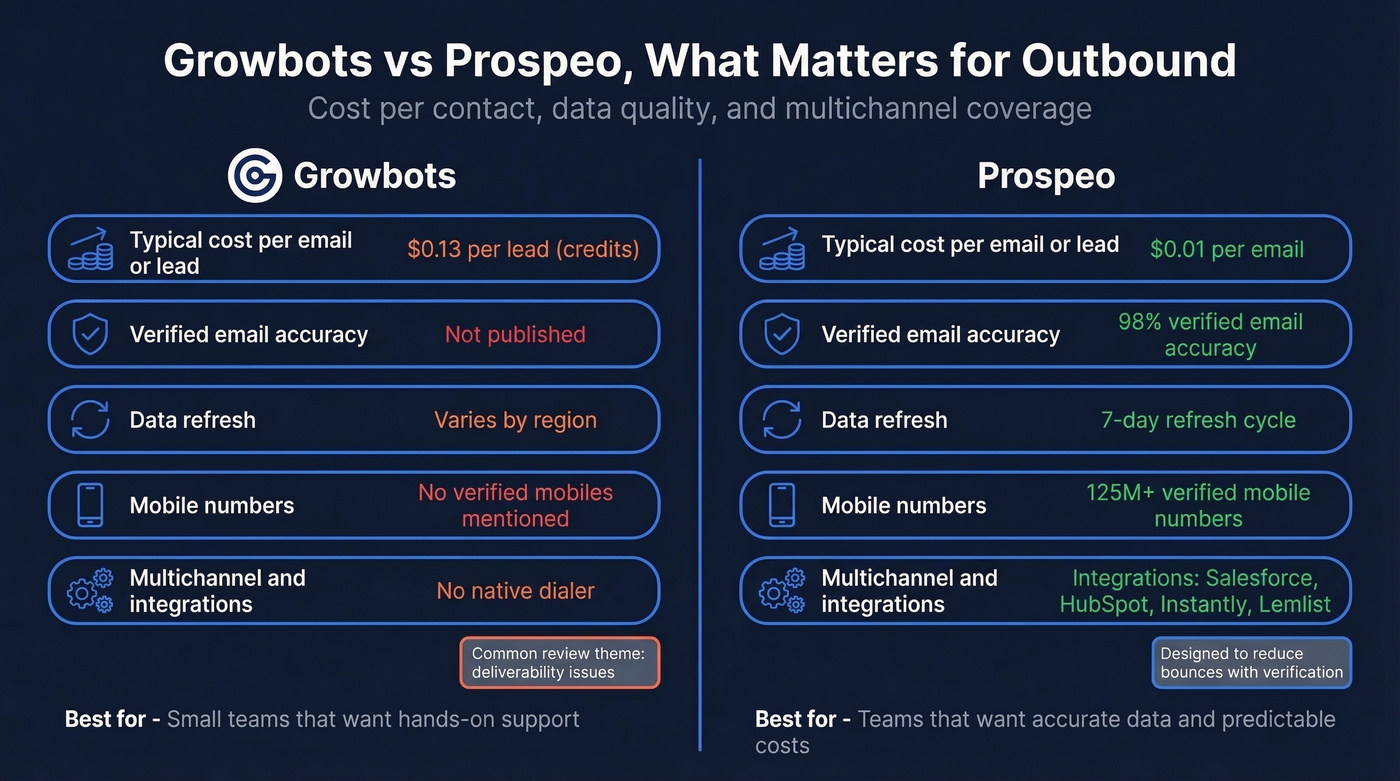 Growbots vs Prospeo comparison on cost, data, and channels