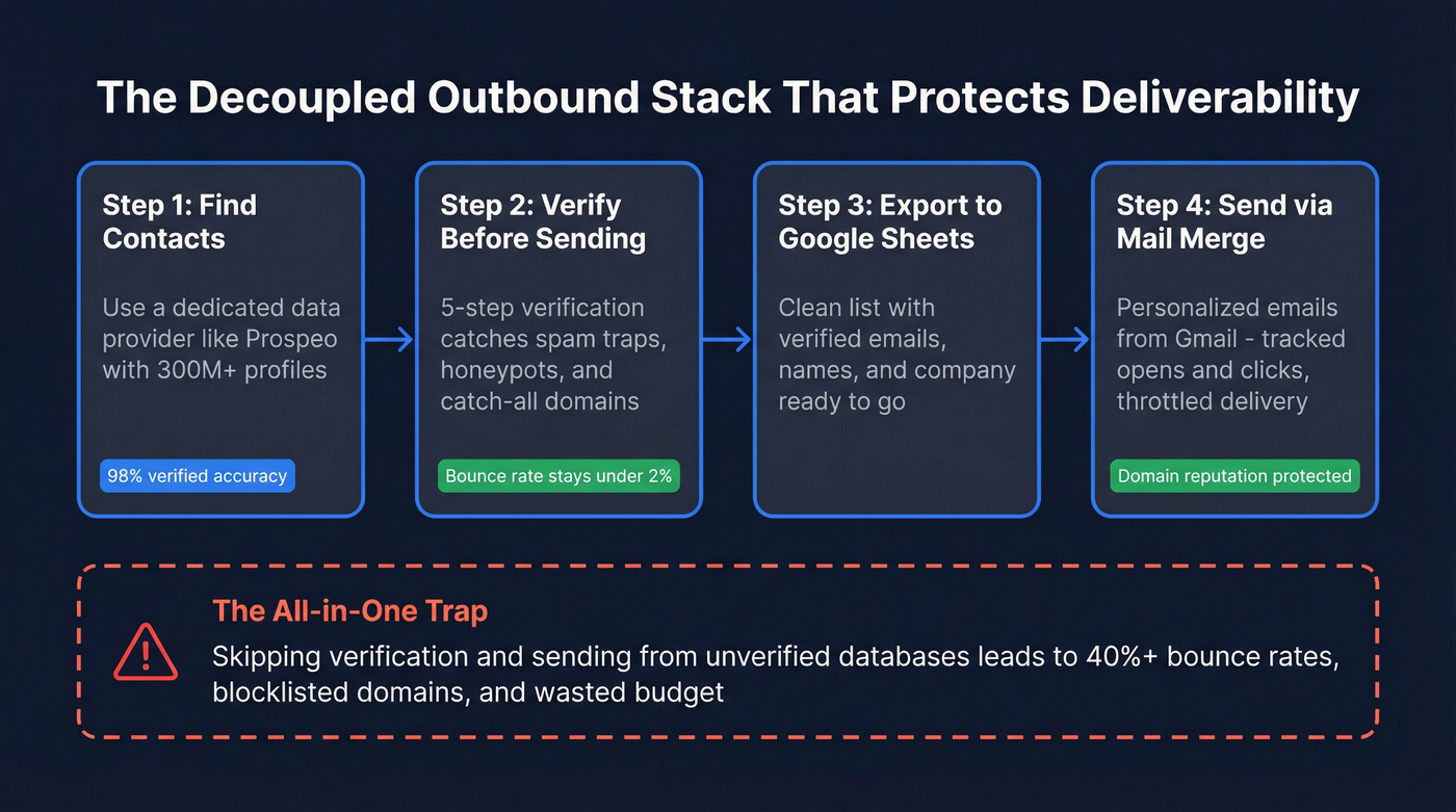 Decoupled outbound stack workflow with Prospeo and Mail Merge