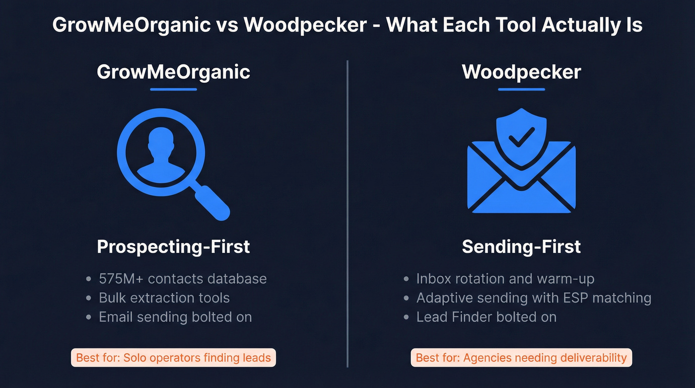 GrowMeOrganic vs Woodpecker core positioning comparison
