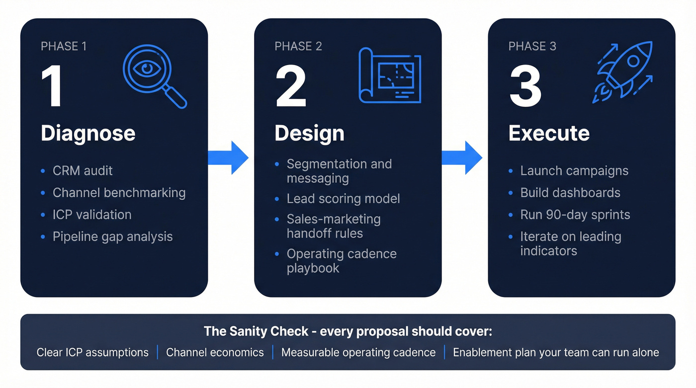 Three-phase GTM consulting engagement flow diagram