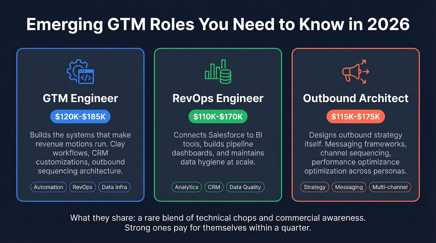Three emerging GTM roles in 2026 with descriptions and salaries