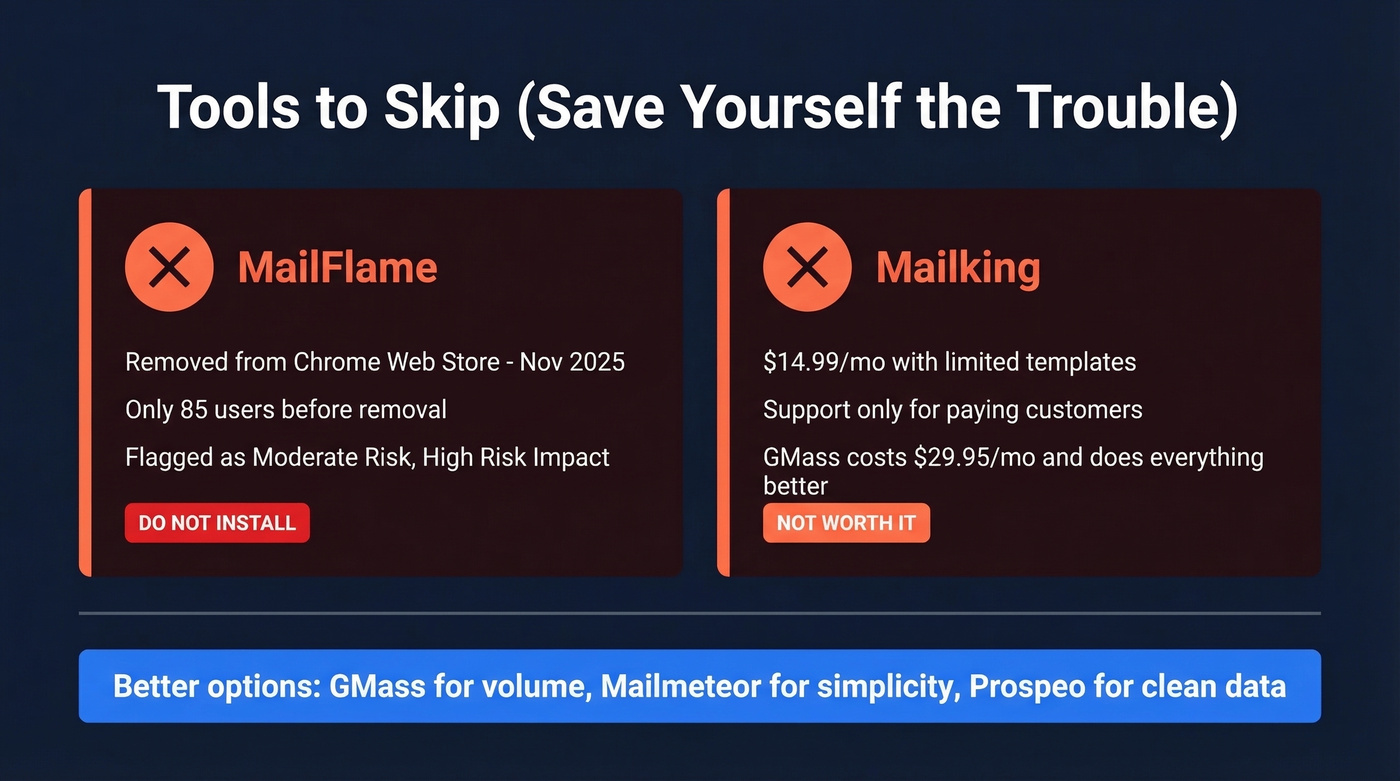 Warning card showing tools to avoid and why