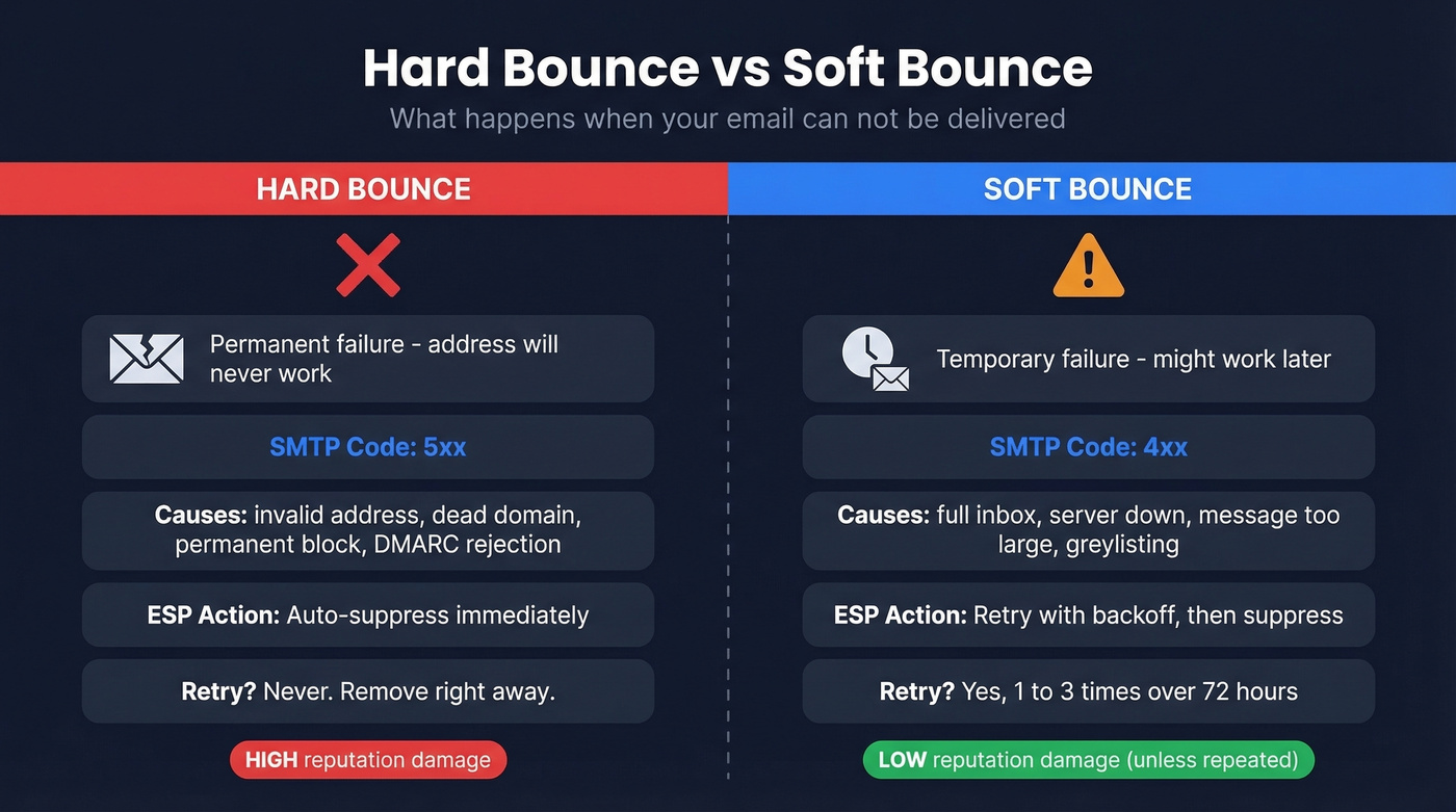 Hard bounce vs soft bounce side-by-side comparison diagram