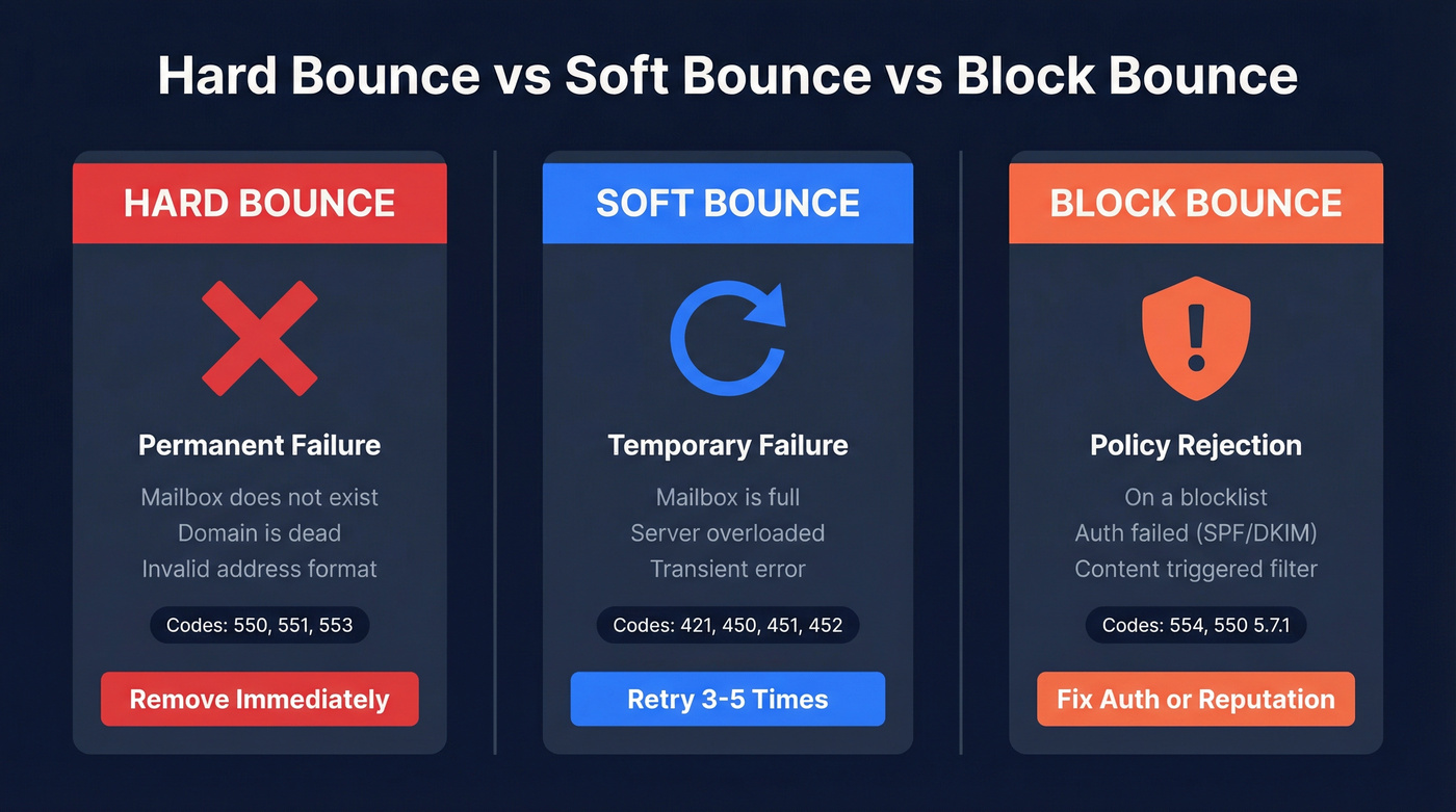 Hard bounce vs soft bounce vs block bounce comparison diagram