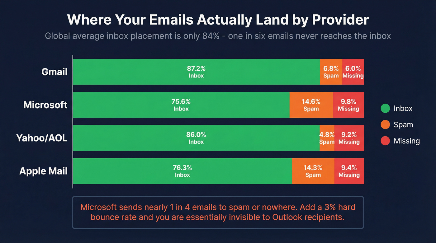 ISP inbox placement rates showing Gmail Microsoft Yahoo Apple Mail