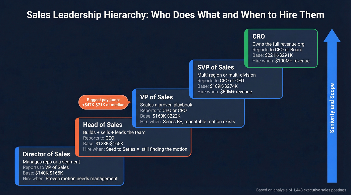 Sales leadership hierarchy from Director to CRO with scope and salary