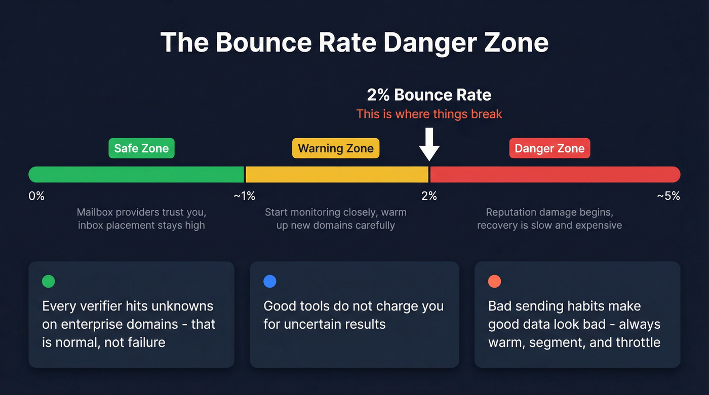 Deliverability danger zone stat card showing bounce rate thresholds