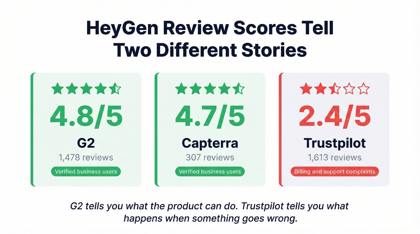 HeyGen review scores across G2 Capterra and Trustpilot