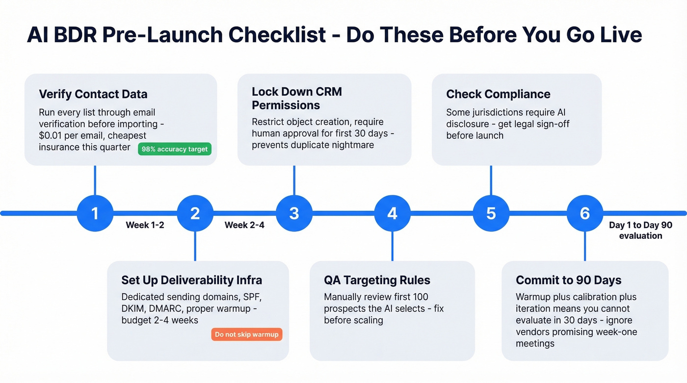 Six-step AI BDR pre-launch checklist as visual timeline