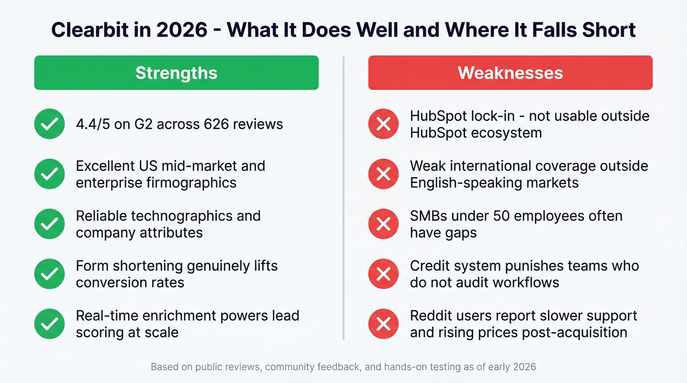 Clearbit strengths versus weaknesses side-by-side breakdown