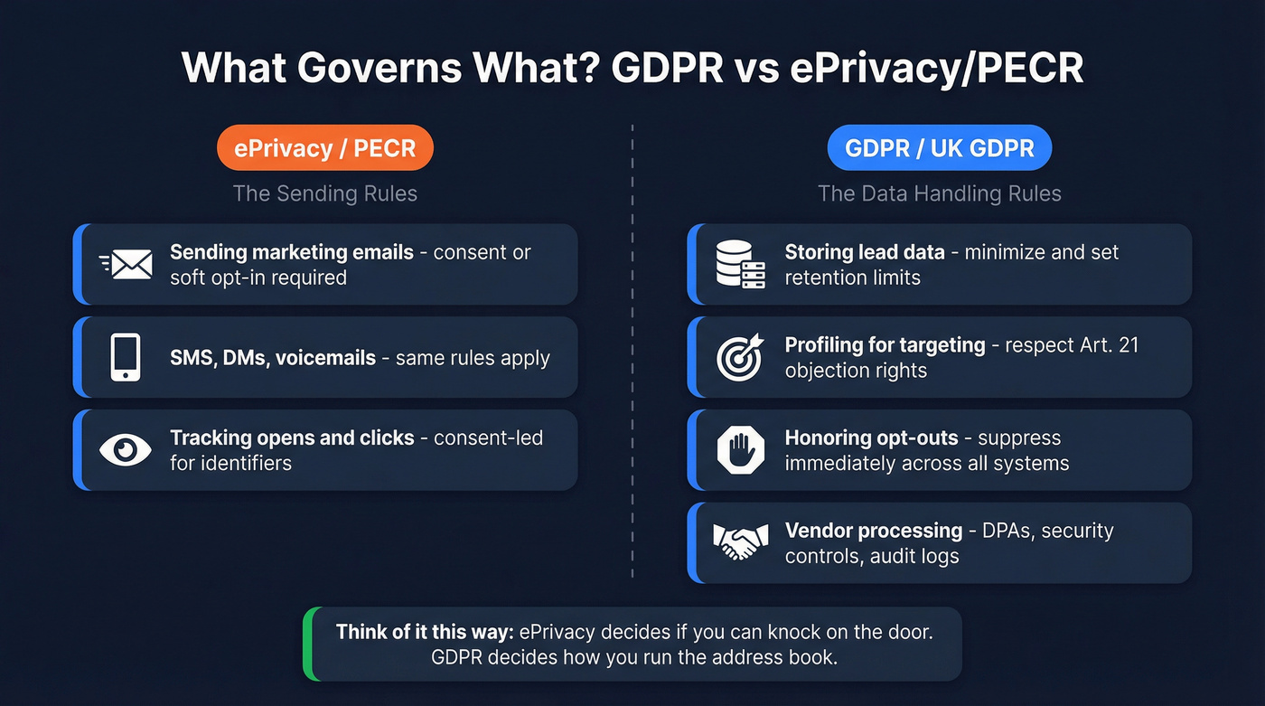 GDPR vs ePrivacy PECR regulatory framework split diagram