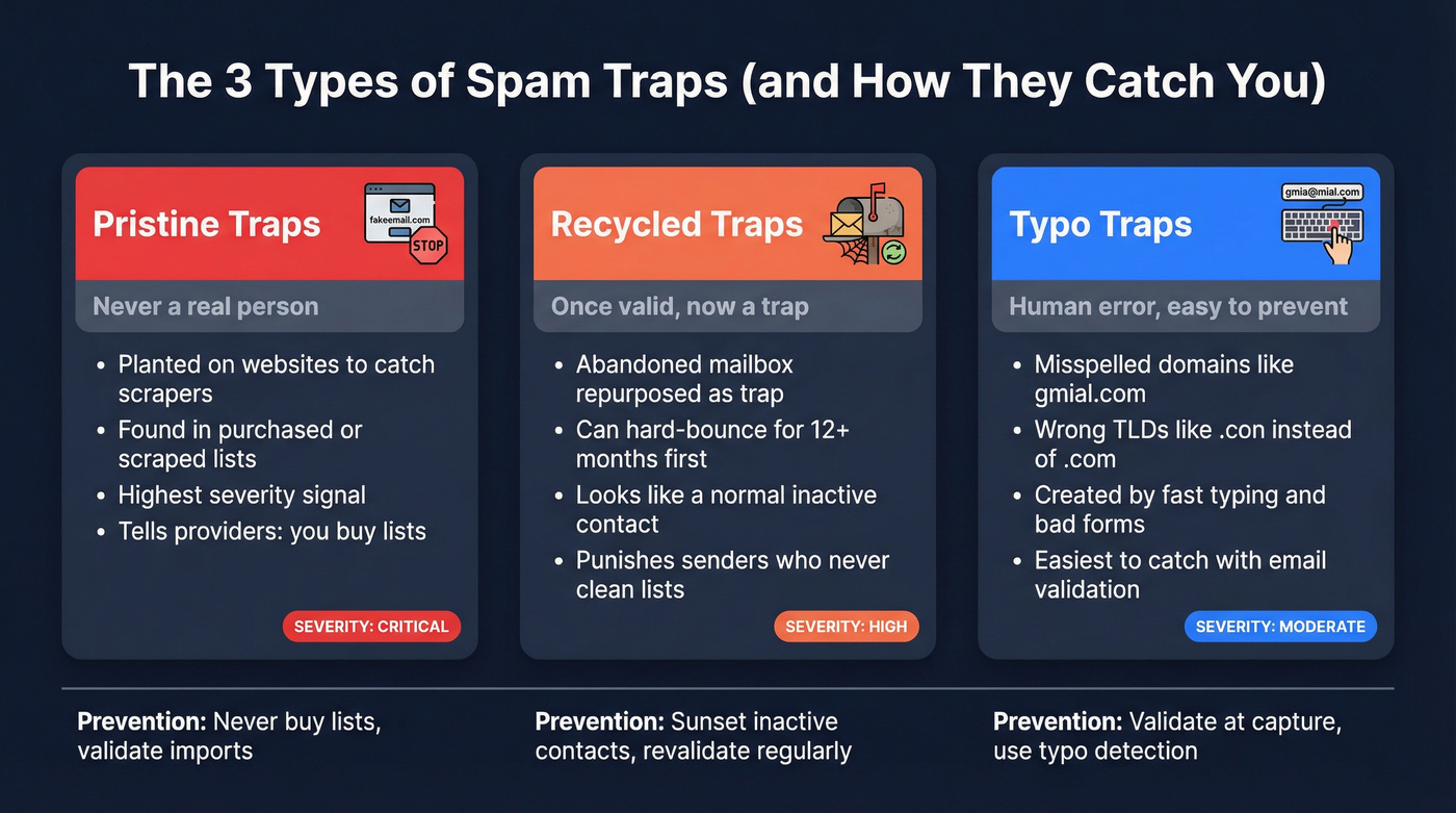 Three types of spam traps with risk levels and characteristics