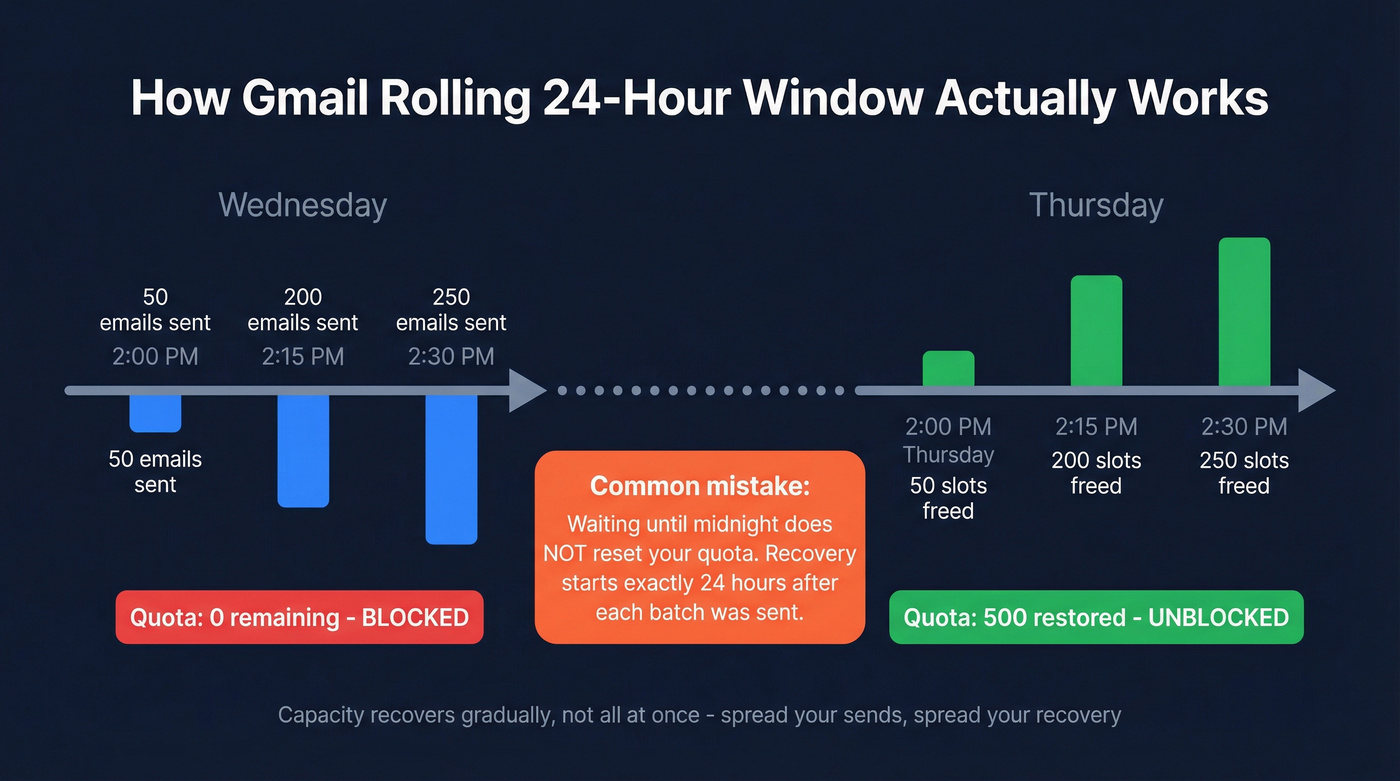 Gmail rolling 24-hour window timeline showing capacity recovery