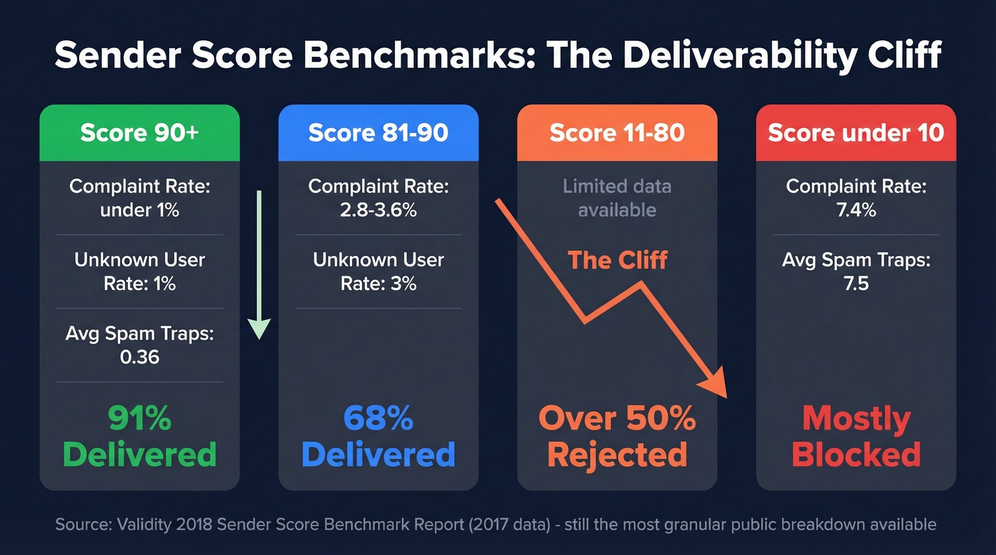 Sender Score benchmarks showing the deliverability cliff