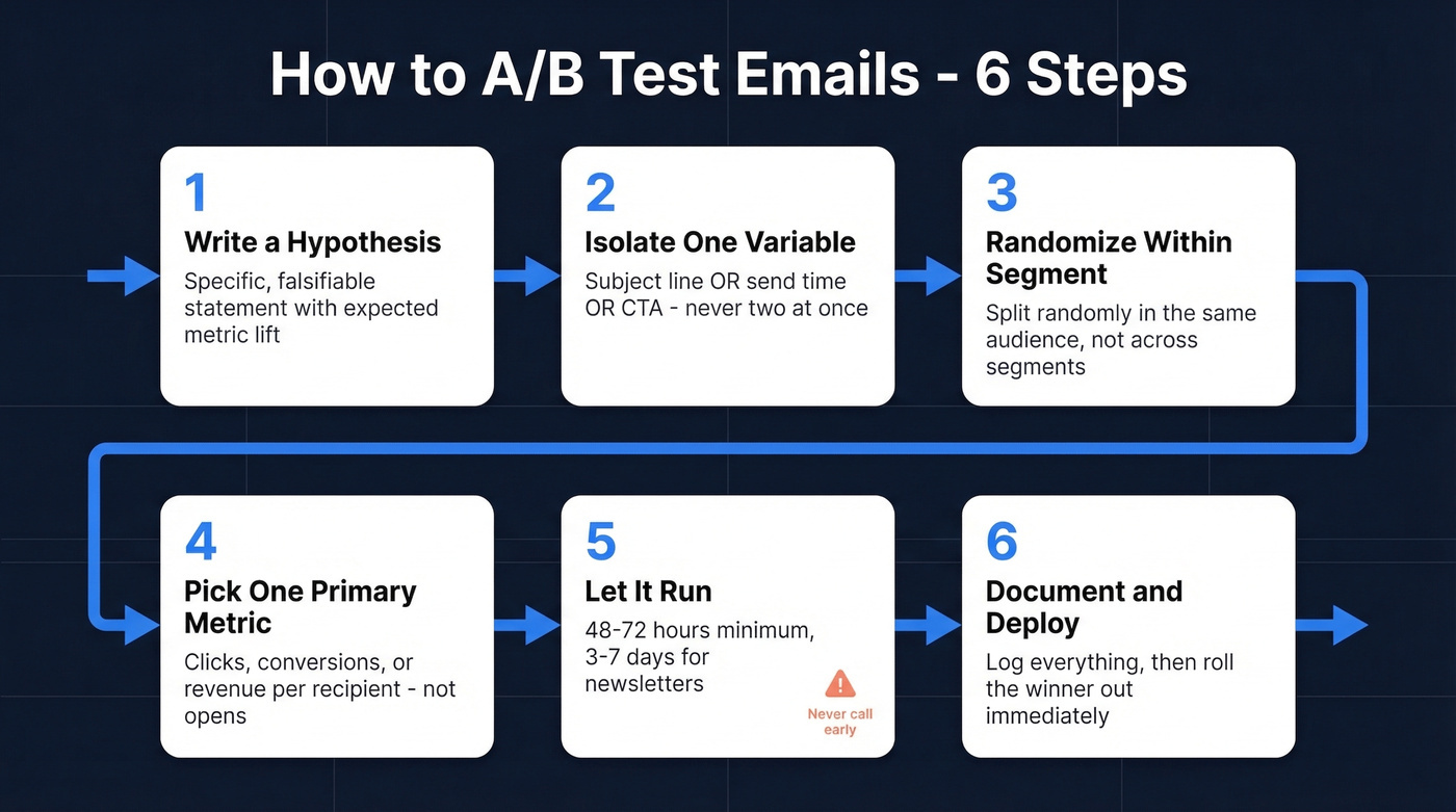 Six-step email A/B testing process flow chart