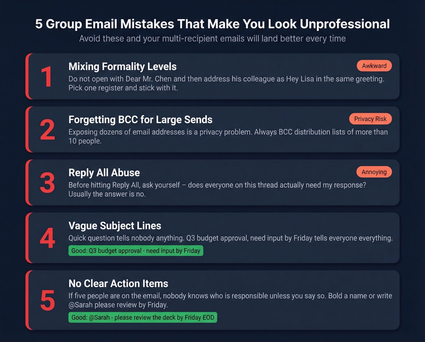 Five common group email mistakes with visual warnings