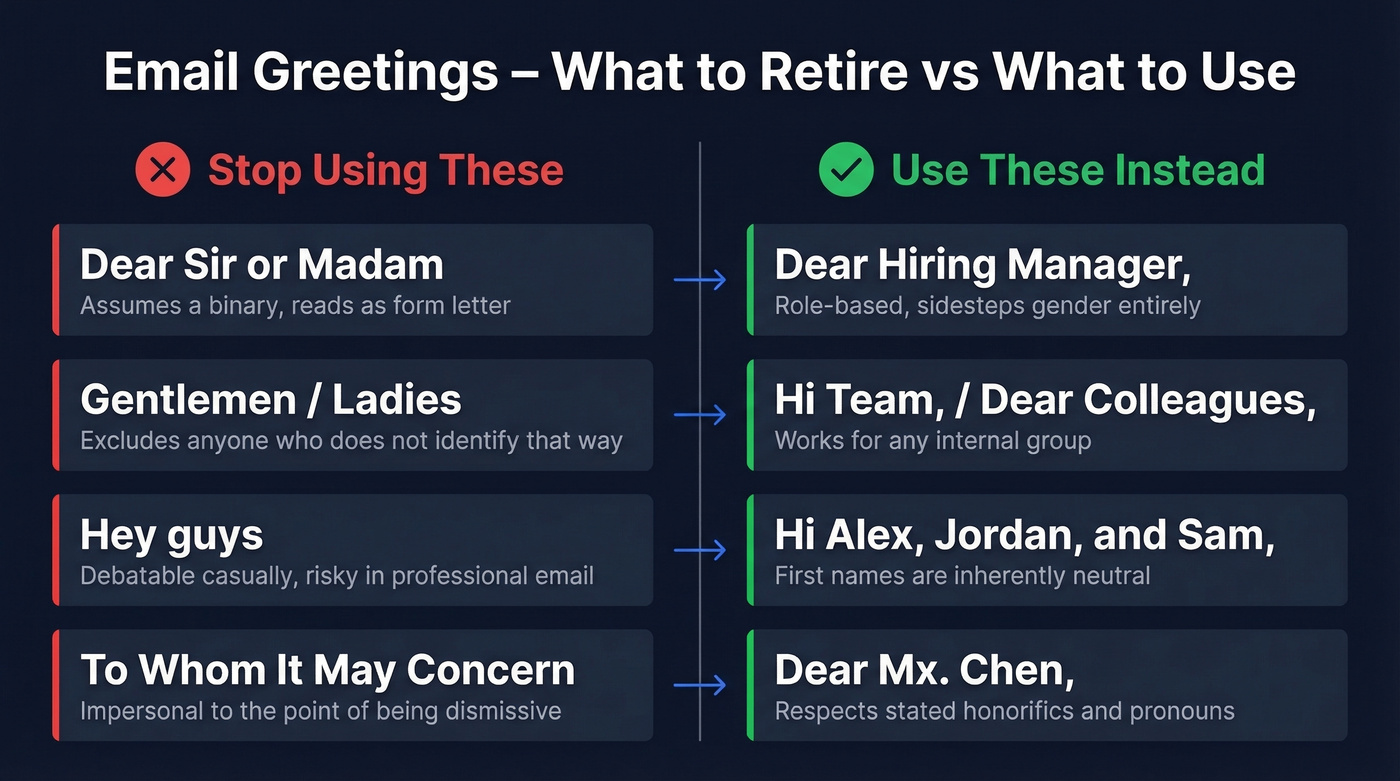 Outdated vs inclusive email greetings comparison chart