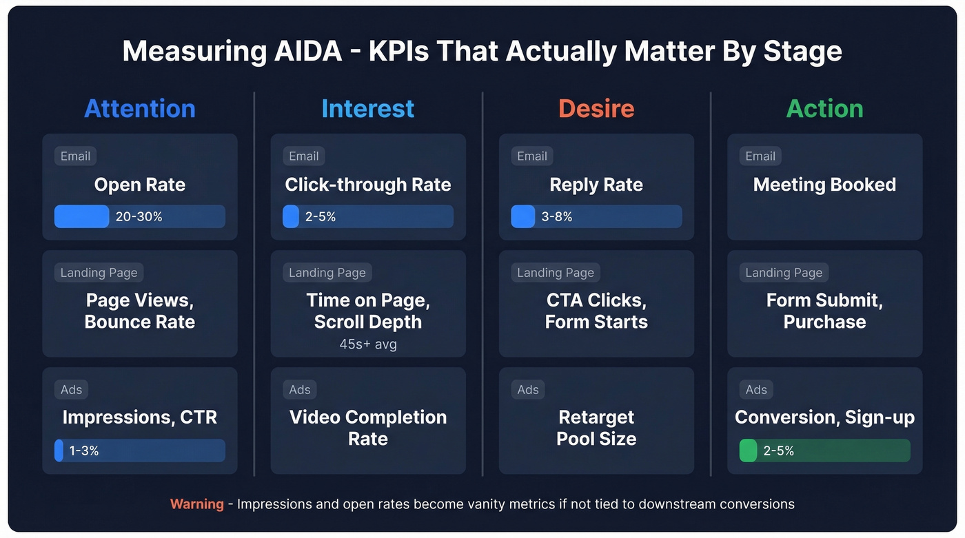 AIDA KPI benchmarks across channels visual dashboard