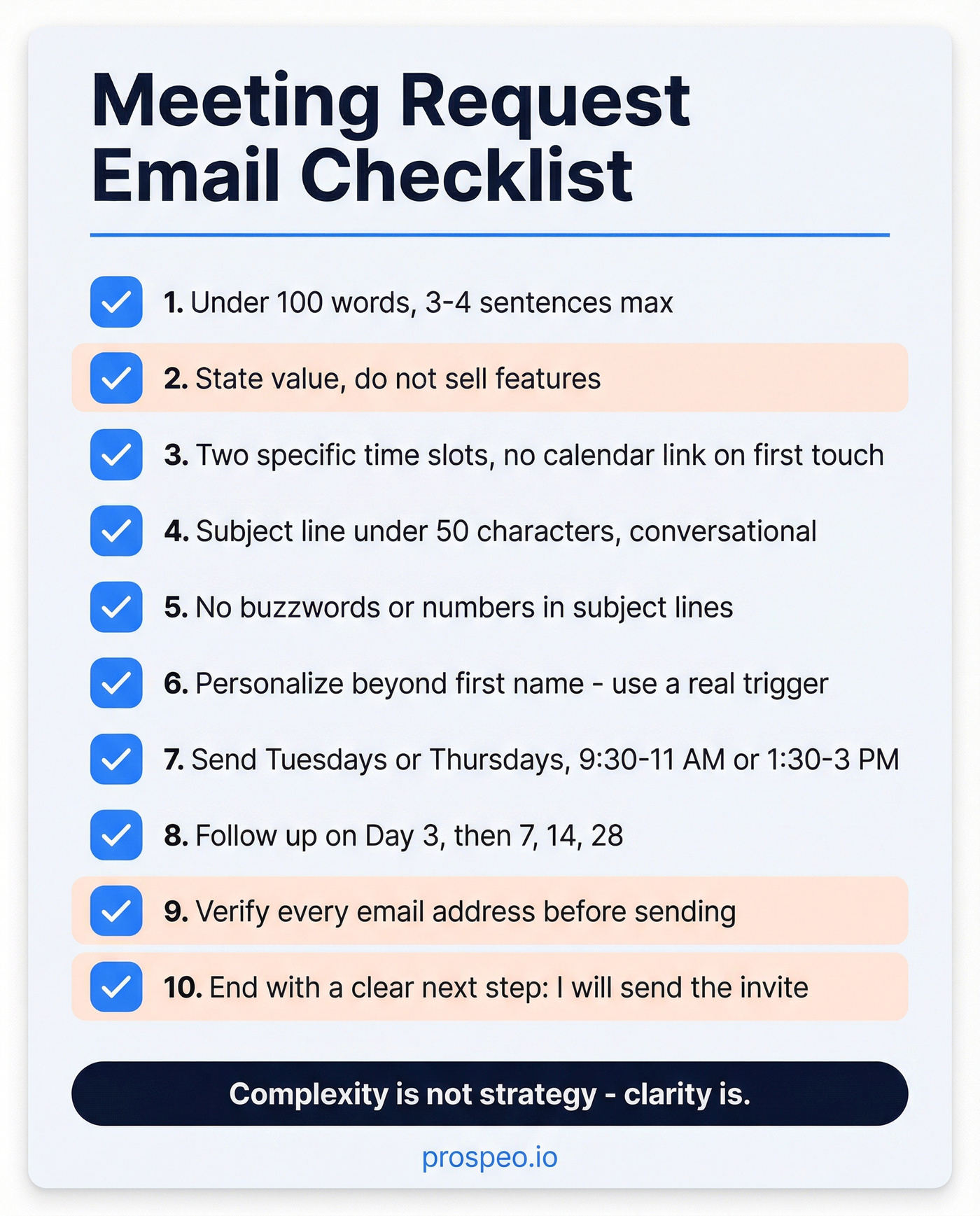 Shareable meeting request email quick-reference checklist card