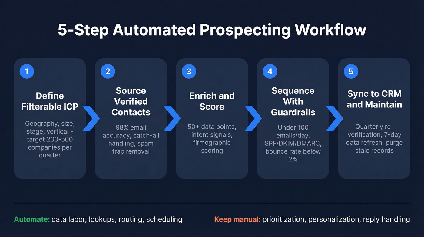 5-step automated prospecting workflow from ICP to CRM