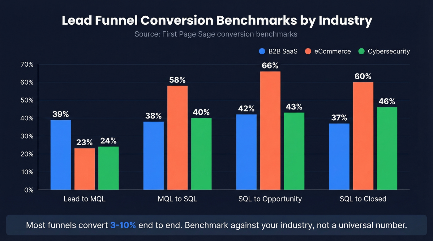Lead funnel conversion benchmarks by industry comparison
