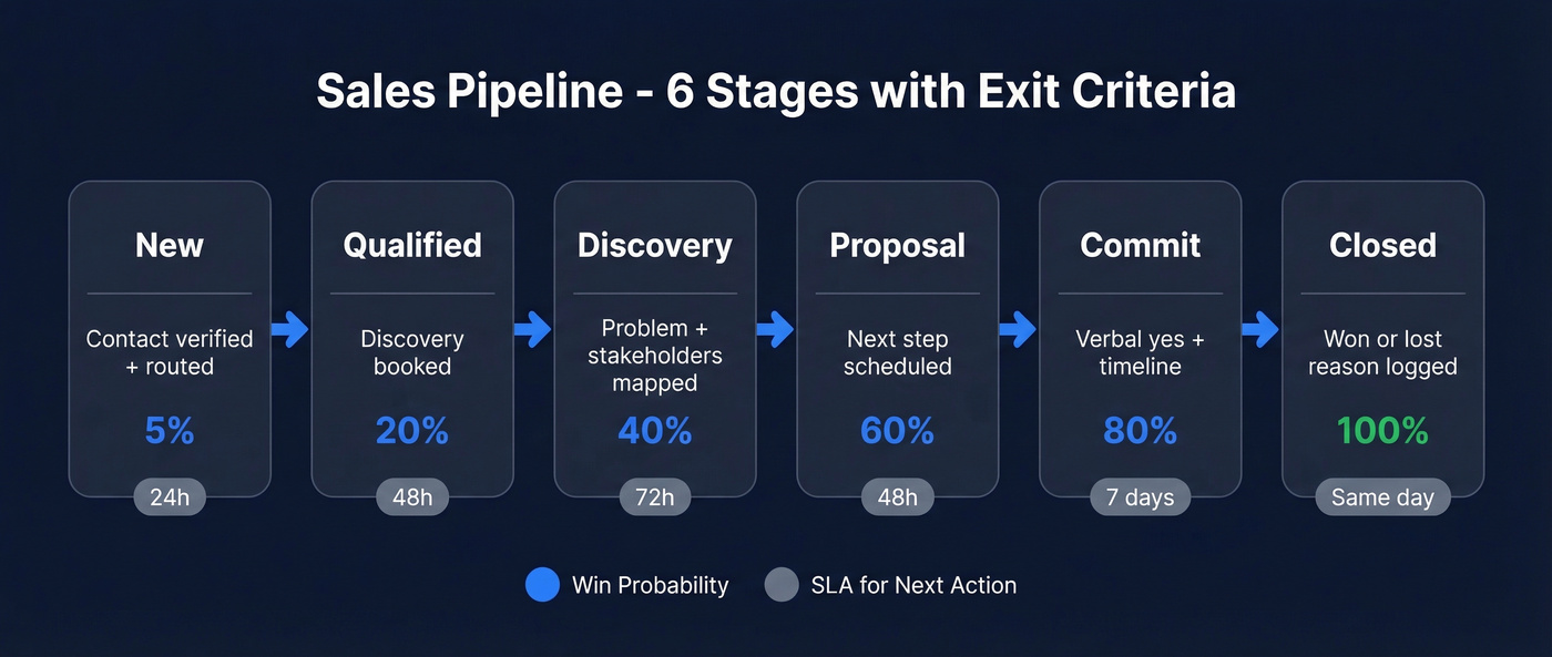 6-stage sales pipeline flow with exit criteria and SLAs