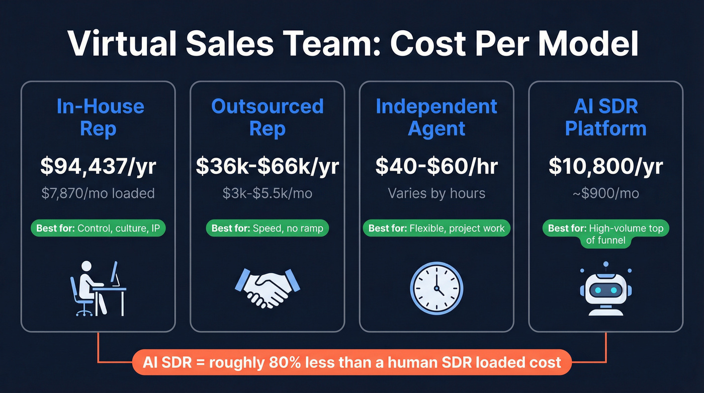 Virtual sales team cost comparison across four hiring models