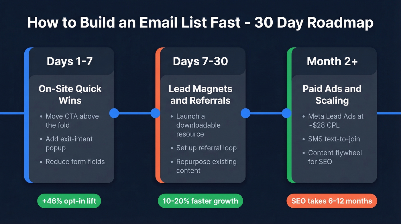 30-day email list building roadmap with milestones