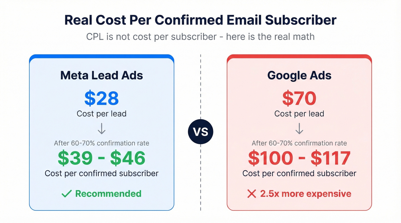 Meta vs Google Ads cost per confirmed subscriber comparison