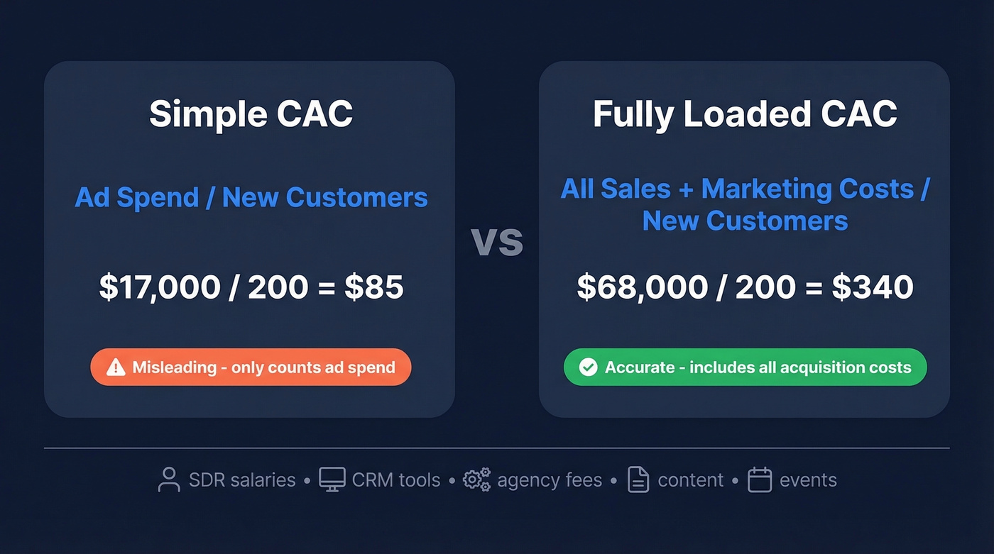 Simple vs fully loaded CAC formula comparison