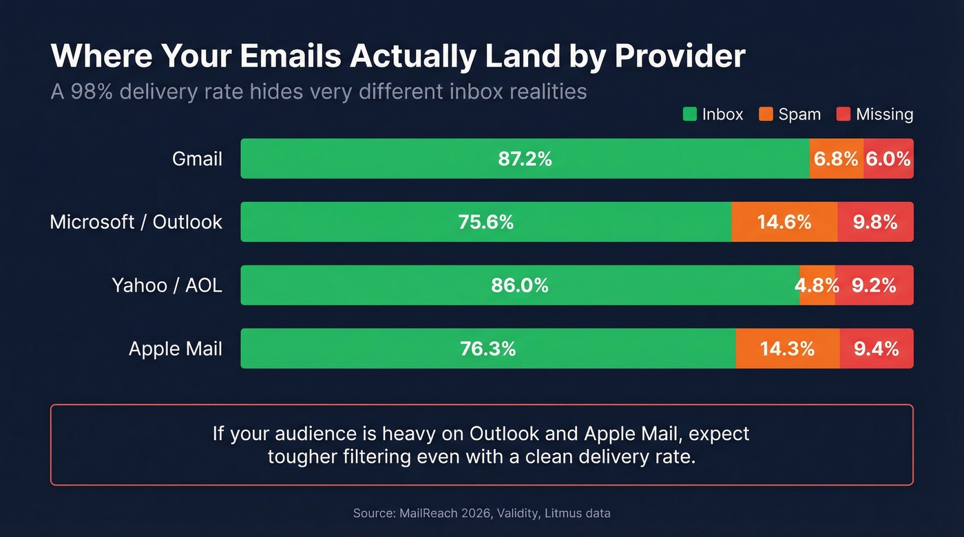 Inbox placement rates by email provider comparison chart